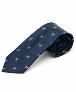 Navy Blue Woven Tie with Pink Standing Pheasants