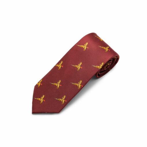 Burgundy Red Silk Tie with Small Flying Pheasants