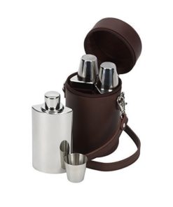 Set of Three Hip Flasks and Tot Cups Within A Leather Carrier