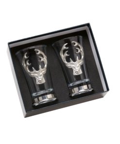 Pair of Pewterware Base Shot Glasses with Stags Head Motif
