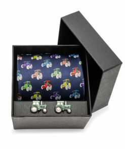 Blue Silk Multi Coloured Tractor Tie and Green Tractor Cufflink Set