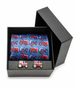Blue Silk Ferguson Tractor Tie and Red Tractor Cufflink Set