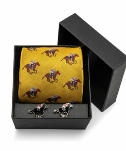 Gold Horse Racing Tie and Black Horse and Jockey Cufflink Set