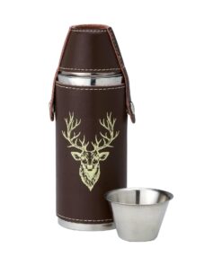8 Oz Brown Leather Hip Flask with Stag Motif, Four Cups & Funnel