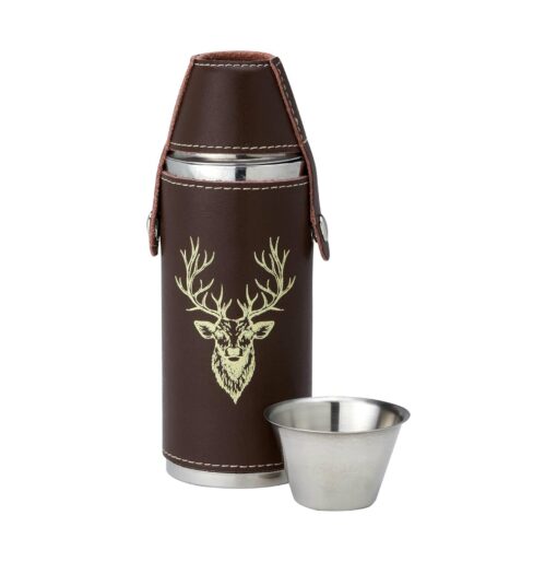 8 Oz Brown Leather Hip Flask with Stag Motif, Four Cups & Funnel